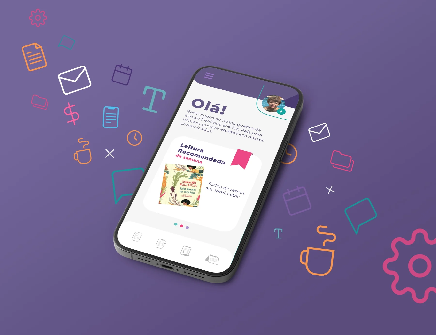 Telas do aplicativo Escol.App para pais e responsáveis