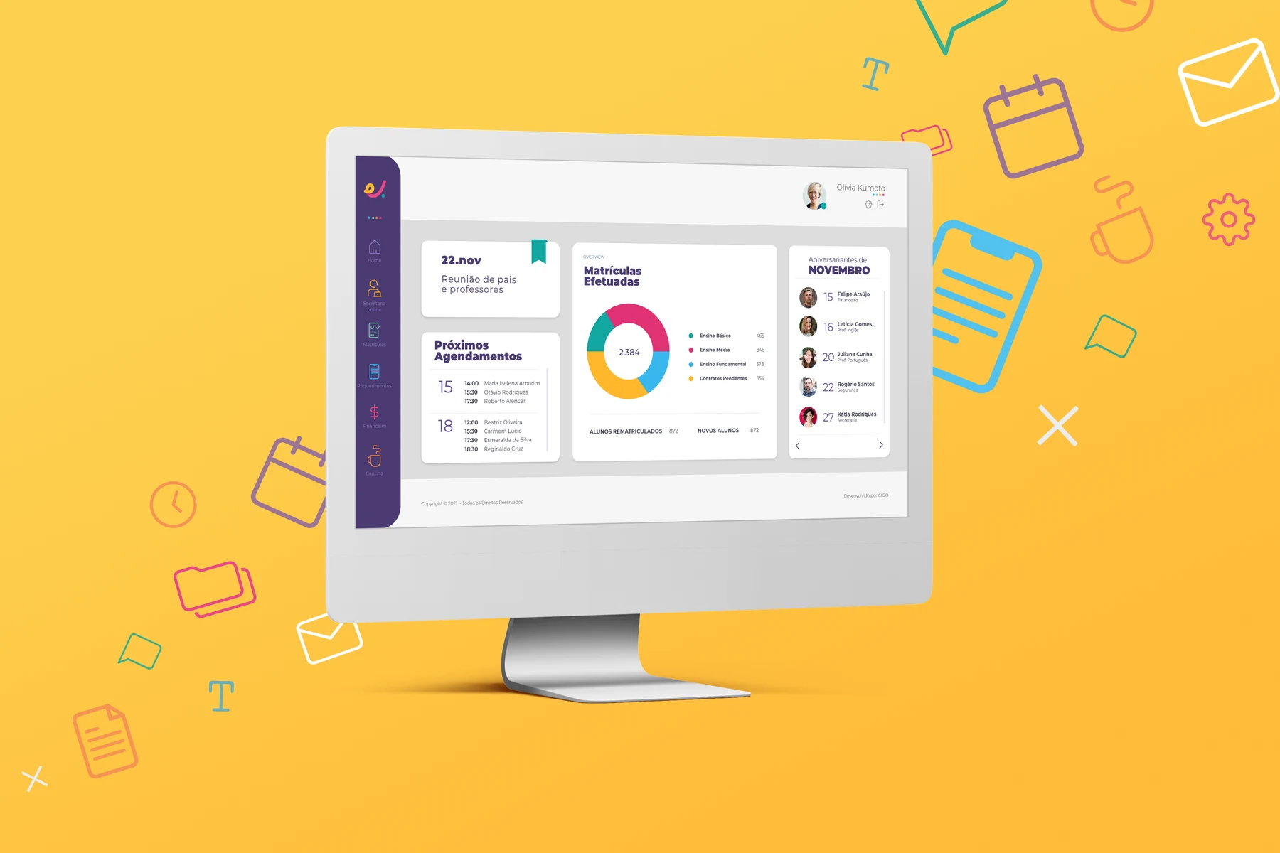Painel administrativo Escol.App exibido em um computador